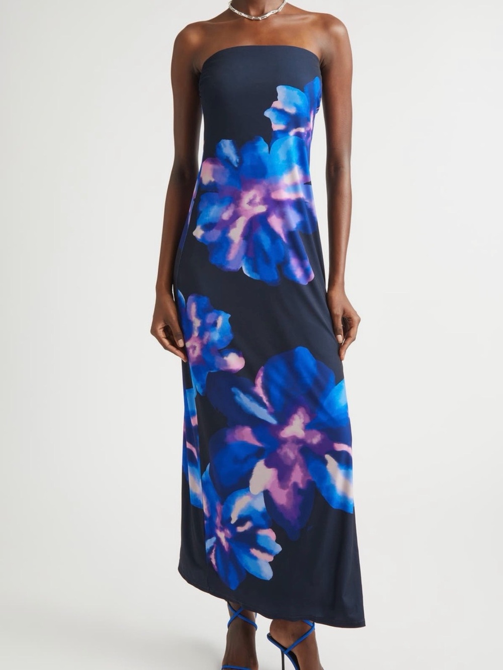 Strapless Navy Floral Maxi Dress - Unbranded